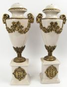 Neundorf, 2 Keramik Deckelvasen mit Applikationen aus Metall, Keramik mit krakelierter Glasur.