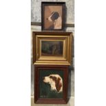 Late 19th / early 20th century European School Bloodhound waiting at the door oil on board, unsigned