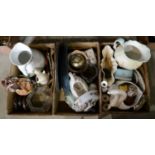 Three boxes of assorted items to include a large ceramic picture, an electro-plated circular tray, a
