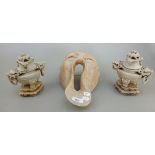 A pair of incense burners together with wooden carving and mask - Approx H: 17cm