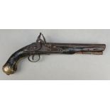 Late 18thC 12 Bore Flintlock Pistol- Fully stocked with 9" barrel. Steel lock engraved with maker'