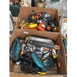 +VAT Two boxes of various drills, circular saws, jig saw etc.