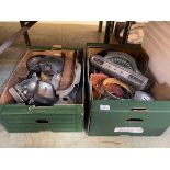Two trays of car and motorbike items to include lights and covers, dash board, trim etc.