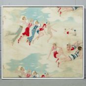 1930s ART DECO BEACH SCENE PRINT ON FELT IN WHITE PAINTED FRAME.
