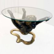 CHERUB COFFEE TABLE WITH GLASS TOP ON PAINTED METAL BASE.