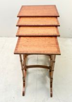 SET OF SATINWOOD QUARTETTO TABLES WITH CROSSBANDED TOPS.