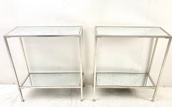 PAIR SILVERED METAL OCCASIONAL TABLES WITH MIRRORED GLASS SHELVES.