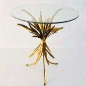 GILT METAL WHEAT SHEAF OCCASIONAL TABLE WITH CIRCULAR GLASS TOP.