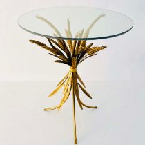 GILT METAL WHEAT SHEAF OCCASIONAL TABLE WITH CIRCULAR GLASS TOP.