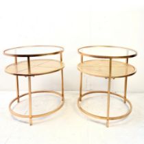 PAIR OF CONTEMPORARY DESIGN GILT METAL OCCASIONAL TABLES WITH CIRCULAR GLASS TOPS.