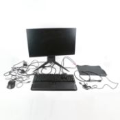 ALIENWARE MONITOR, RAZER GAMING MOUSEPAD, RAZER BASILISK MOUSE, RAZER KEYBOARD, AND VARIOUS WIRES.