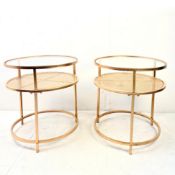 PAIR OF CONTEMPORARY DESIGN GILT METAL OCCASIONAL TABLES WITH CIRCULAR GLASS TOPS.