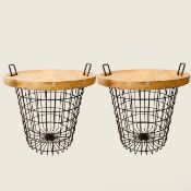 A PAIR OF LOG BASKET WITH REMOVABLE WOODEN TRAY TOPS.
