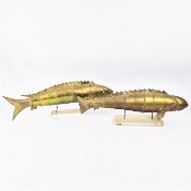 TWO RETICULATED BRASS FISH.
