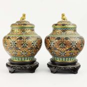 A PAIR OF EARLY 20TH CENTURY CHINESE LIDDED CHAMPLEVE CLOISONNE VASES. (2).