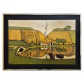 COLIN RUFFELL (BRITISH B. 1939). FARMHOUSE BY A LAKE. (d)