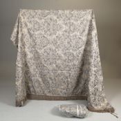 PAIR OF GREY PATTERNED AND TASSELLED CURTAINS (2).