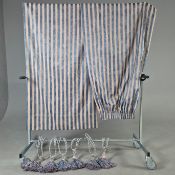 THREE PAIRS OF BLUE AND BEIGE CURTAINS.