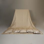 FIVE PAIRS OF GREY AND GILT DECORATED CURTAINS (10).