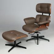 EAMES STYLE LOUNGE CHAIR AND FOOTSTOOL IN BROWN LEATHER.