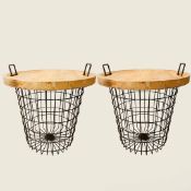 A PAIR OF LOG BASKET WITH REMOVABLE WOODEN TRAY TOPS.