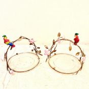 PAIR OF SERVING GLASS PLATES WITH GILT METAL PARROTS.