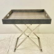 CONTEMPORARY CHROME TRAY TOP TABLE ON STAND.
