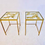 PAIR OF GILT METAL BUTTERFLY OCCASIONAL TABLES WITH GLASS TOPS.
