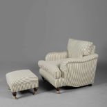 GREEN TICKING ARMCHAIR AND STOOL (2)