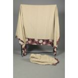 PAIR OF OSBORNE & LITTLE FABRIC CURTAINS IN NEURTRAL LINEN WITH PURPLE FLORAL BORDER