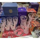 TRAY COMPRISING SET OF 6 GLENEAGLES CUT CRYSTAL CHAMPAGNE FLUTES, EDINBURGH CUT CRYSTAL VASE, ETCHED