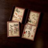 RARE SET OF FOUR SOAPSTONE INLAID 'ROMANCE OF THE WESTERN CHAMBER' 'SUBTLE PLEASURES' PANELS