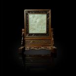 FINE AND LARGE CHINESE INSCRIBED WHITE JADE 'LANDSCAPE' TABLE SCREEN