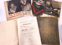 Vintage books and brochures including The Modern Motor Cycle, The Modern Motor car, The Modern