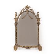 An early 20th century French gilt metal mirror the frame with urn finials, floral swags and a blue