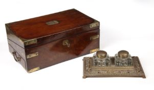 A George III mahogany writing slope with brass mounts 38cm wide 24cm deep 15cm high together with