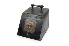 A Victorian toleware coal scuttle, the hinged door with a pressed copper plate depicting a frog 29cm