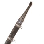 A 19th century Omani Kattara sword with a 62cm broad double edged blade, leather bound hilt woven