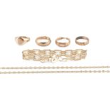 A small collection of 9ct gold jewellery, comprising a gate-link bracelet with heart-shaped