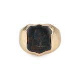 A hardstone signet ring, the shield-shaped bloodstone plaque engraved with the Lion Rampant, 18ct