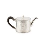 An early George III silver cylindrical teapot, with beaded borders and engraved with repeated
