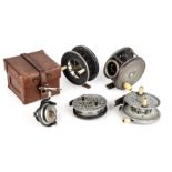 A collection of five fishing reels to include The "Perfect" fly reel and the "Eureka" reel by