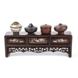 A 19th century Chinese, blackwood and mother of pearl bowl stand 28cm wide x 9.5cm high, and four