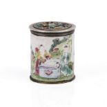 A 19th century Chinese opium box with a painted enamel and a white metal lid with showing Liu Hai