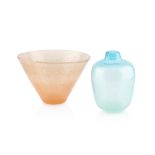 Murano Glass Vase and a Bowl Pulegoso glass in blue and pink polished pontils to the base, otherwise