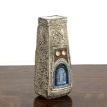Shirley Wharf for Troika Pottery Coffin Vase ceramic, with doorway-type designs in blue on