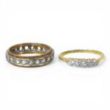 An 18 carat gold five stone diamond ring, 1.9g, size P, together with a diamond full hoop eternity
