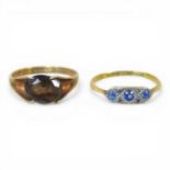 An 18 carat gold sapphire and diamond ring, 1.7g, size R, together with a 9 carat gold quartz