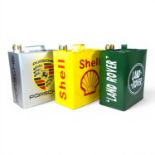 A modern Shell petrol can, 32cm high, together with a Land Rover and a Porsche can (3)