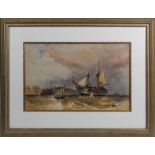 British School (19th Century), Two rowing boats heading to shore from a large masted shipWatercolour